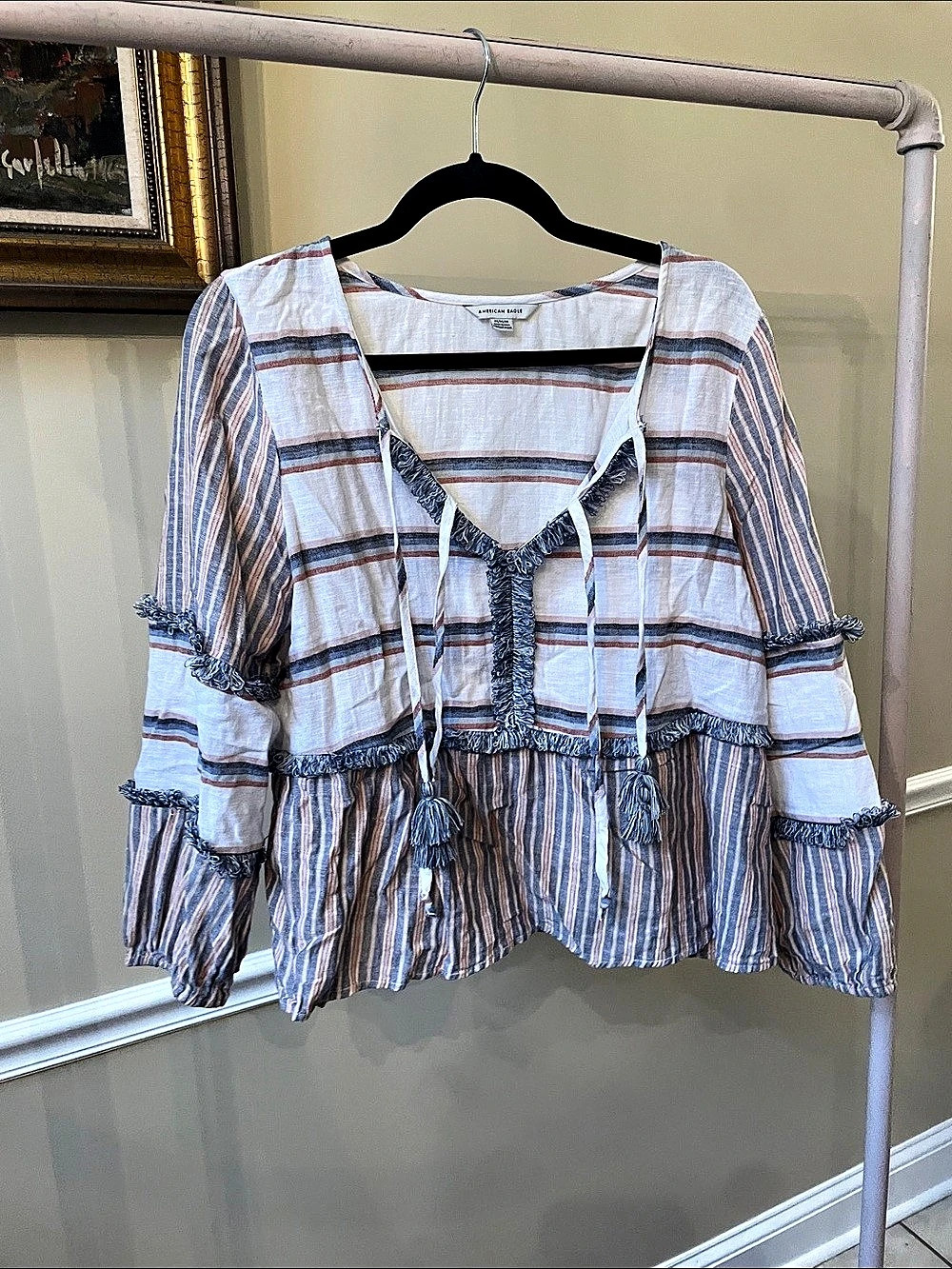 American Eagle Striped Blouse in Blue & White Size Medium